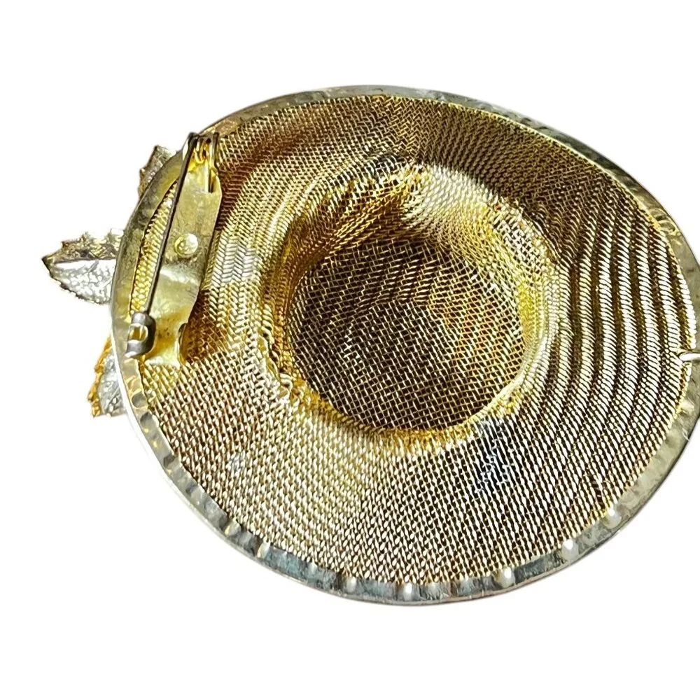 Vintage Gold Mesh Hat Brooch Sweater Guard With Faux Pearl & Leaf Accent Linked